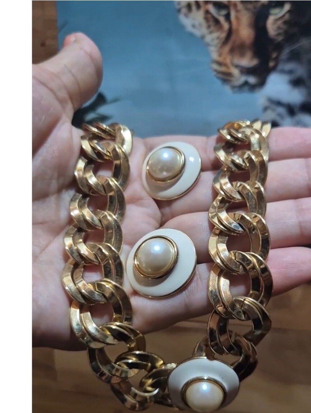Monet Gold Chain Necklace With Cream Enamel And Pearl Clip-On  Set